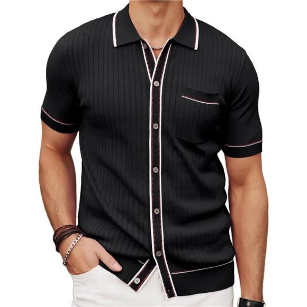 Mens Knit Shirts Vintage Retro Short Sleeve Button Down Vacation